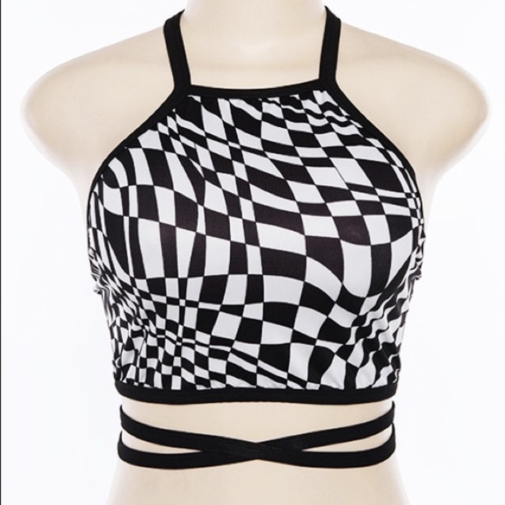 Fashion Black/White print Halter backless Crop top